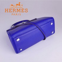 HERMES 6108-2 超大牌32CM電光藍銀扣荔枝紋牛皮手提單肩Kelly凱莉包