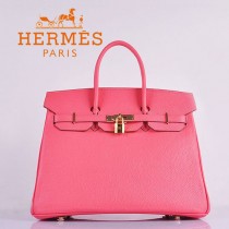 HERMES 6089 時尚流行女包 Birkin鉑金包唇膏粉金扣荔枝紋35CM手提包