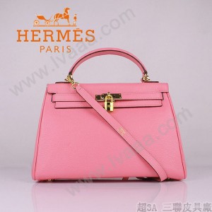 HERMES 6108-5 名媛女包 牛皮荔枝紋凱莉32CM櫻花粉金扣單肩手提包