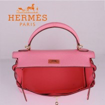 HERMES 6108-5 名媛女包 牛皮荔枝紋凱莉32CM櫻花粉金扣單肩手提包