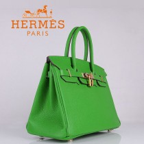 HERMES 6088-5 新款頭層牛皮Birbin柏金款30CM果綠色金扣荔枝紋手提包
