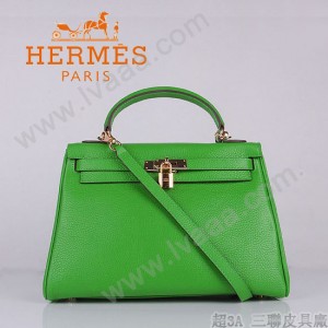 HERMES 6108-3 名媛女包 牛皮荔枝紋凱莉32CM果綠色金扣單肩手提包