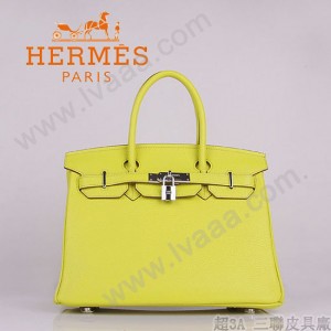 HERMES 6088-8 新款女包檸檬黃銀扣Birkin鉑金包30CM荔枝紋牛皮手提包