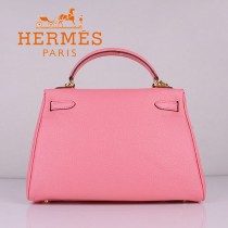 HERMES 6108-5 名媛女包 牛皮荔枝紋凱莉32CM櫻花粉金扣單肩手提包
