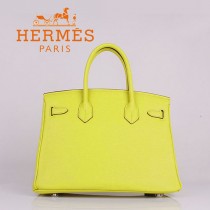 HERMES 6088-8 新款女包檸檬黃銀扣Birkin鉑金包30CM荔枝紋牛皮手提包