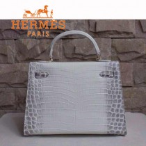 HERMES 946 新款人氣熱銷單品女士灰配白鱷魚紋金扣包包