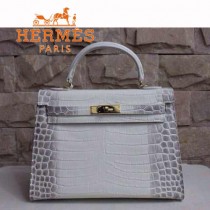 HERMES 946 新款人氣熱銷單品女士灰配白鱷魚紋金扣包包