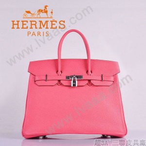 HERMES 6089-6 時尚流行女包 Birkin鉑金包唇膏粉銀扣荔枝紋35CM手提包