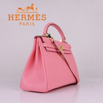 HERMES 6108-5 名媛女包 牛皮荔枝紋凱莉32CM櫻花粉金扣單肩手提包