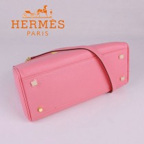 HERMES 6108-5 名媛女包 牛皮荔枝紋凱莉32CM櫻花粉金扣單肩手提包