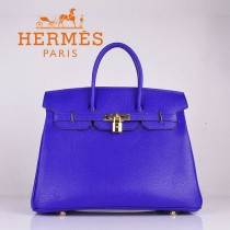 HERMES 6089-7 时尚流行女包 Birkin铂金包電光藍金扣荔枝纹35CM手提包