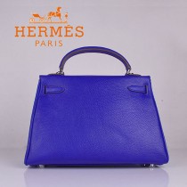 HERMES 6108-2 超大牌32CM電光藍銀扣荔枝紋牛皮手提單肩Kelly凱莉包