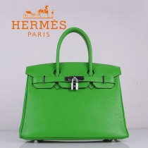 HERMES 6088-6 新款頭層牛皮Birbin柏金款30CM果綠色銀扣荔枝紋手提包