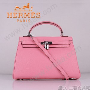 HERMES 6108-6 名媛女包 牛皮荔枝紋凱莉32CM櫻花粉銀扣單肩手提包