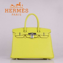 HERMES 6088-8 新款女包檸檬黃銀扣Birkin鉑金包30CM荔枝紋牛皮手提包