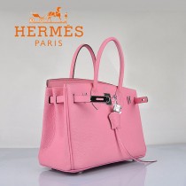 HERMES 6088-10 新款女包櫻花粉銀扣Birkin鉑金包30CM荔枝紋牛皮手提包
