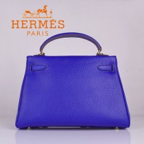 HERMES 6108 歐美高檔牛皮女包 Kelly凱莉手提包 電光藍金扣32CM荔枝紋單肩斜跨包