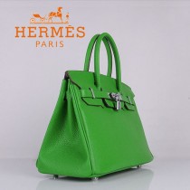 HERMES 6088-6 新款頭層牛皮Birbin柏金款30CM果綠色銀扣荔枝紋手提包