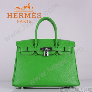 HERMES 6088-6 新款頭層牛皮Birbin柏金款30CM果綠色銀扣荔枝紋手提包