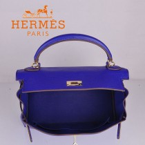HERMES 6108 歐美高檔牛皮女包 Kelly凱莉手提包 電光藍金扣32CM荔枝紋單肩斜跨包