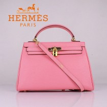 HERMES 6108-5 名媛女包 牛皮荔枝紋凱莉32CM櫻花粉金扣單肩手提包