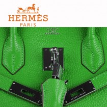 HERMES 6088-6 新款頭層牛皮Birbin柏金款30CM果綠色銀扣荔枝紋手提包