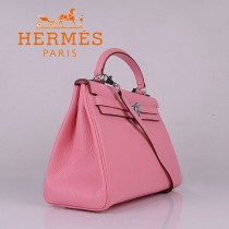 HERMES 6108-6 名媛女包 牛皮荔枝紋凱莉32CM櫻花粉銀扣單肩手提包