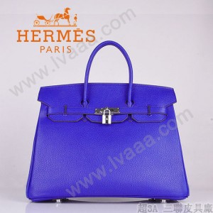 HERMES 6089-8 时尚流行女包 Birkin铂金包電光藍銀扣荔枝纹35CM手提包