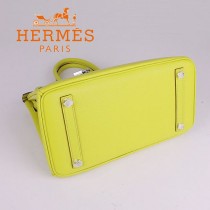 HERMES 6088-8 新款女包檸檬黃銀扣Birkin鉑金包30CM荔枝紋牛皮手提包