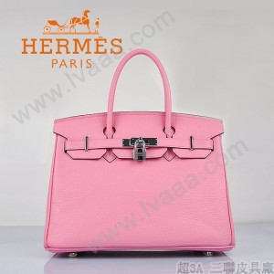 HERMES 6088-10 新款女包櫻花粉銀扣Birkin鉑金包30CM荔枝紋牛皮手提包