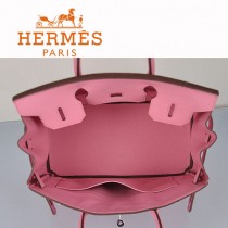 HERMES 6088-10 新款女包櫻花粉銀扣Birkin鉑金包30CM荔枝紋牛皮手提包