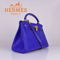 HERMES 6108 歐美高檔牛皮女包 Kelly凱莉手提包 電光藍金扣32CM荔枝紋單肩斜跨包