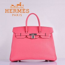 HERMES 6089-6 時尚流行女包 Birkin鉑金包唇膏粉銀扣荔枝紋35CM手提包