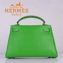 HERMES 6108-4 名媛女包 牛皮荔枝紋凱莉32CM果綠色銀扣單肩手提包