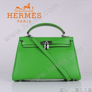 HERMES 6108-4 名媛女包 牛皮荔枝紋凱莉32CM果綠色銀扣單肩手提包