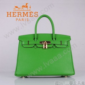HERMES 6088-5 新款頭層牛皮Birbin柏金款30CM果綠色金扣荔枝紋手提包
