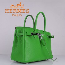 HERMES 6088-6 新款頭層牛皮Birbin柏金款30CM果綠色銀扣荔枝紋手提包