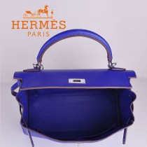 HERMES 6108-2 超大牌32CM電光藍銀扣荔枝紋牛皮手提單肩Kelly凱莉包