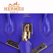 HERMES 6089-7 时尚流行女包 Birkin铂金包電光藍金扣荔枝纹35CM手提包
