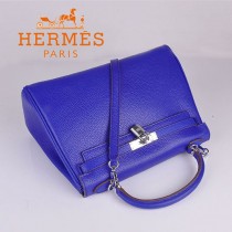 HERMES 6108-2 超大牌32CM電光藍銀扣荔枝紋牛皮手提單肩Kelly凱莉包
