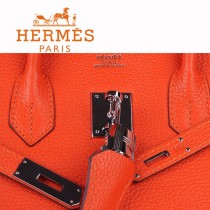HERMES 6088-4 超人氣時尚明星女包 Brikin鉑金包 橙色銀扣荔枝紋 30cm女手提包