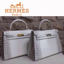 HERMES 946 新款人氣熱銷單品女士灰配白鱷魚紋金扣包包