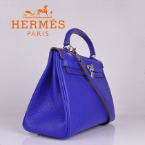 HERMES 6108-2 超大牌32CM電光藍銀扣荔枝紋牛皮手提單肩Kelly凱莉包