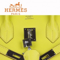 HERMES 6088-8 新款女包檸檬黃銀扣Birkin鉑金包30CM荔枝紋牛皮手提包