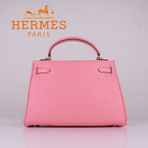 HERMES 6108-6 名媛女包 牛皮荔枝紋凱莉32CM櫻花粉銀扣單肩手提包