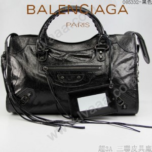 BALENCIAGA 085332-8-黑色進口油皮卡古銅小釘 巴黎世家女士手提包 時尚單肩包