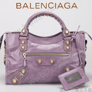 BALENCIAGA 085332B-7 潮流時尚新款茄紫色進口油臘皮金大釘機車包