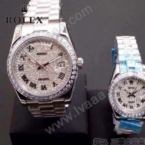ROLEX-04 時尚奢華情侶款滿天星系列日誌型藍寶石鏡面鋼帶款腕錶