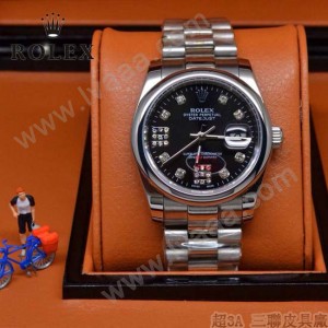 ROLEX-021-7 時尚商務男士日誌型黑色錶盤鑲鑽藍寶石鏡面鋼帶款腕錶