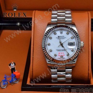 ROLEX-021 時尚商務男士日誌型白色錶盤鑲鑽藍寶石鏡面鋼帶款腕錶